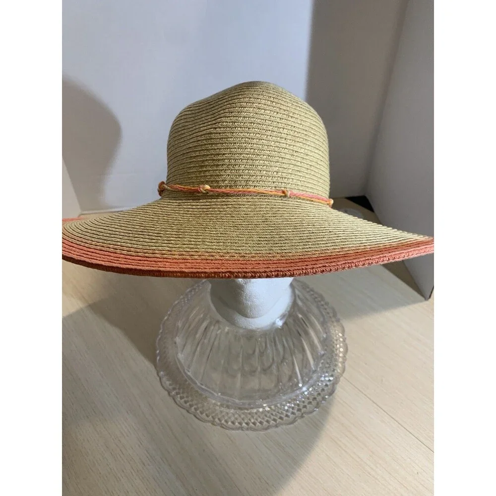 K.Keith Beige Straw Sun Hat Wide Brim with Peach edge and Band, Adjustable Sz M